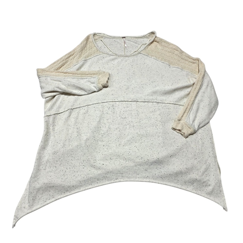 Free People Women XS Cream Speckled Knit Poncho Pullover Sweater Crochet Trim